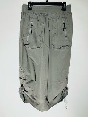 Alison Sheri Green Grey Parachute Cargo Midi Skirt Ruched Drawstring M Grunge